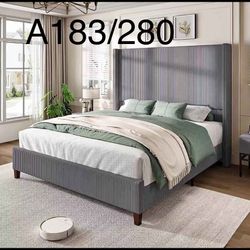 🔥 A183/ AMERLIFE King Size 62" Corduroy Upholstered Bed Frame, Luxurious Platform Bed with Extra Tall Wingback Headboard and Vertical Stripe, No Box 