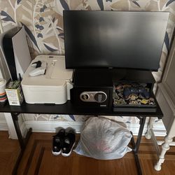 Table With Monitor Stand And Led Lights Under. Acer 27 Inch Curved Monitor, And Canon Pixma Printer. 