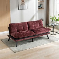 NEW Red Convertible Sofa Bed Loveseat Futon Bed Breathable Adjustable Lounge Couch with Metal Legs