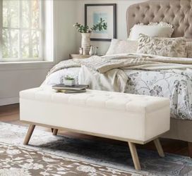 Pero Beige Fabric Upholstered Storage Bench Ottoman with Wood Frame Button Tufted End of Bedroom Bench