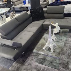 Grey Faux Leather Sofa Sectional With Adjustable Headrest 🔥but Now Pay Later 