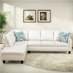 Leather Sectional Couch Sofa, Modern Nail-Head Design L Shaped Sectional Sofa for Living Room, 4 Seat 