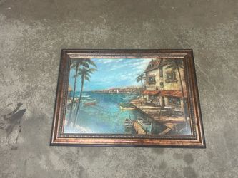 Framed Harbor Scene Wall Art Painting