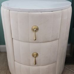 beautiful 1 white velvet nightstand with stone top. (MUST SELL TODAY)