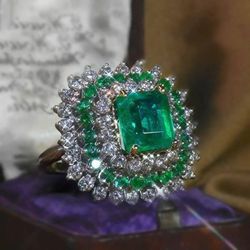 Vintage Emerald & White Sapphire Antique Silver Art Deco Ring - Size 7