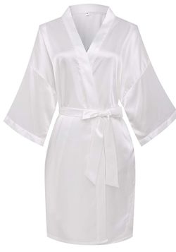 Bridal Women's Short White Satin Sleep Kimono Robe Bride Robe Knee Length Bathrobe