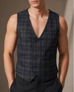 ASOS DESIGN Double Breasted Plaid Suit Vest Navy Blue SIZE 42 NWOT