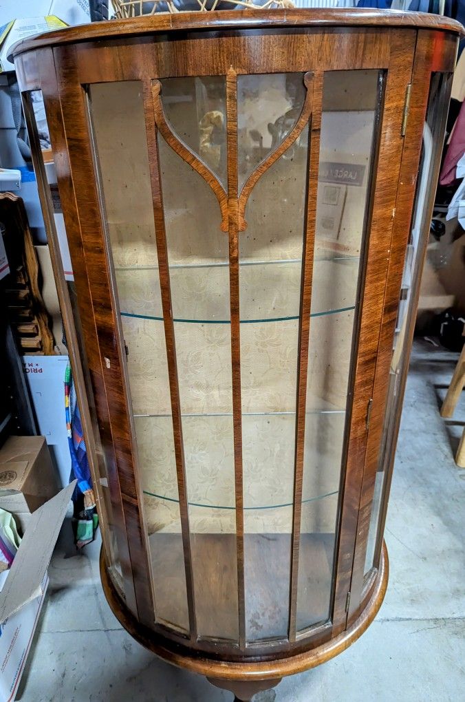 Antique Walnut Chippendale Round Glass Shelf China Display Cabinet ArtDeco Vintage Wood Curio Wide