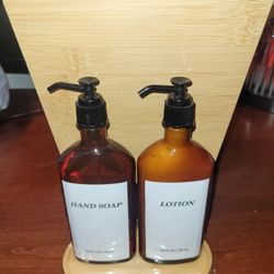 Hand Soap, Lotion, Trash Can Set.  Spa Bath Accessories. Bottle Tray. Bamboo. Glass Bottles. Glass Dispensers
