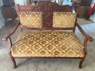 Antique Eastlake Style Carved Walnut Settee / Loveseat with Gold Velvet Upholstery