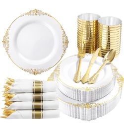 Gold Plastic Plates, Gold Plastic Dinnerware Set 