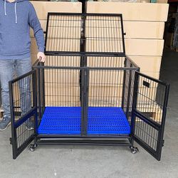 (Brand New) $160 Heavy-Duty Dog Cage Crate 37x25x33” Double-Door Folding Kennel w/ Divider, Tray, Wheels 