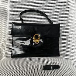 Vintage Black Patent Leather Top Handle Bag – Gold Turnlock Closure