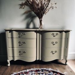Vintage Boho Beige 6 Drawer Dresser with Gold Handles