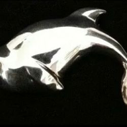 2.6" x 1.4" Solid Sterling Silver Lg. Jumping Dolphin Brooch. Made in Italy