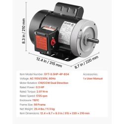 VEVOR 0.5 HP Electric Motor, 1725RPM Air Compressor Motor, CW/CCW Rotation, 5/8 inch Shaft Diameter, 1.88inch Shaft Length, 2.07N.m Torque, Single-Pha