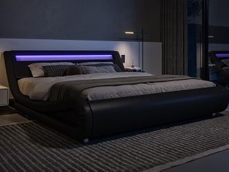 Full Size LED Platform Bed Frame with Adjustable Headboard/No Box Spring Need/Easy Assembly/Faux Leather in Black