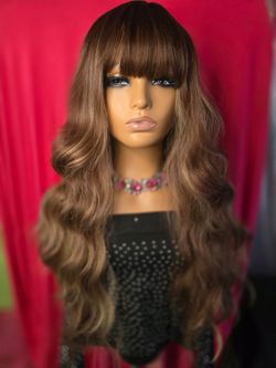 Synthetic hair wig  26"Long Wavy Brown Wig with Bangs