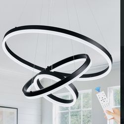 Benkut 3-Rings D23.6 Modern LED Chandelier Black Dimmable Pendant Lighting with Remote Control Circular Flush Mount High Ceiling Light for Dining Room
