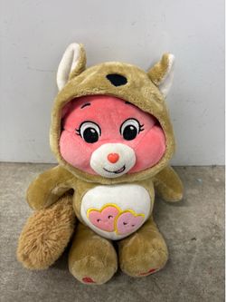 Basic Fun! Care Bears Plush Pink Bear in Tan Hooded Costume w/ Heart Belly Badge
