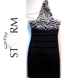 Sweet Storm Black Zebra Halter Dress SZ S