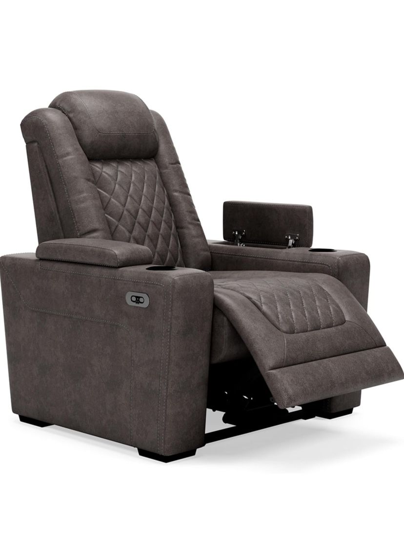 Recliner/Signature Design by Ashley HyllMont Contemporary Faux Leather Power Recliner with Adjustable Headrest, Weathered Gray