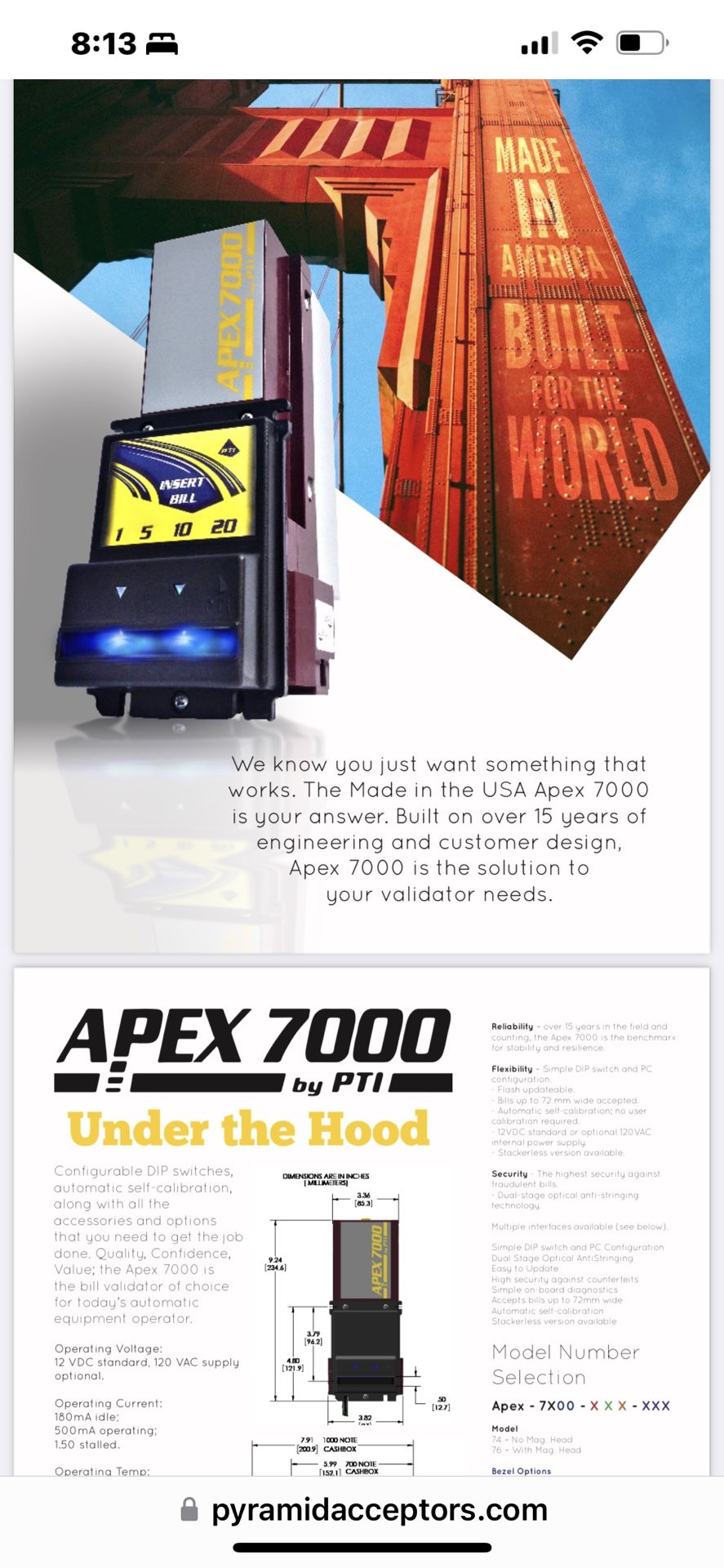 Pyramid Apex 7400-UB3-USA 110/120 Volt Bill Acceptor Validator $1-$100 Bills