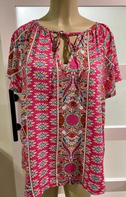 Pink Paisley Tie-Neck Short Sleeve Blouse Size 2X