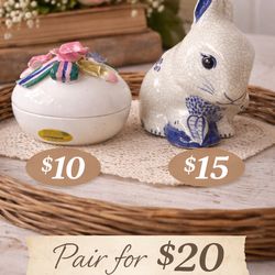 Vintage Porcelain Bunny & Egg Trinket Box Decor Set