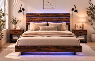 Brand New Queen Size Floating Bed Frame – Walnut Finish with LED & Charging Station