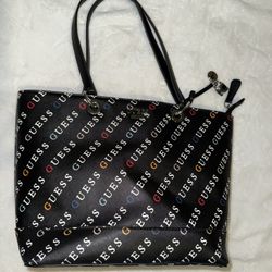 GUESS Black Multicolor Logo Tote Bag with Zipper Closure