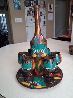 Vintage Hand-Painted Wooden Cordial/Saki  Folk Art Set