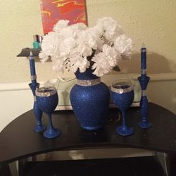 Royal Blue Vase, 2 Wine Glasses. 2 Candleholders With LED Candles 