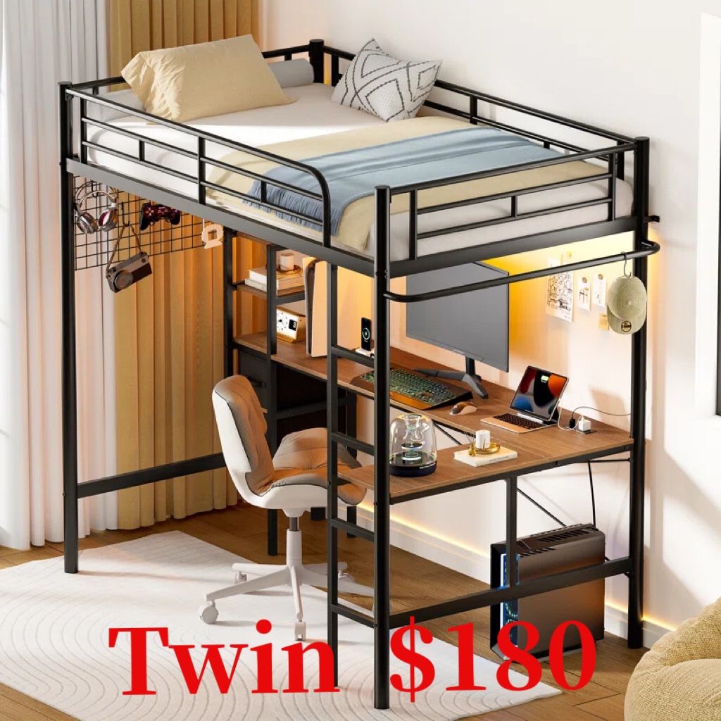 Twin Metal Loft Bed with L-Shaped Desk, Loft Bed Frame with Charging Station, Storage Bed with 2 Drawers & Open Shelf, Safety Guard & Ladder