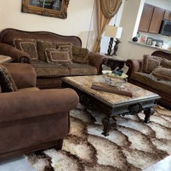Elegant Brown Sofa Set w/ Marble Tables
