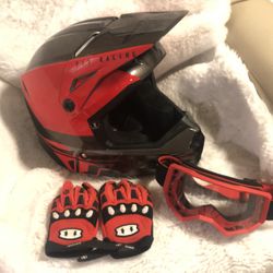 Fly Racing Red Helmet, Goggles, And Gloves