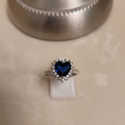 Silver CZ and Sapphire Heart Ring Size 7