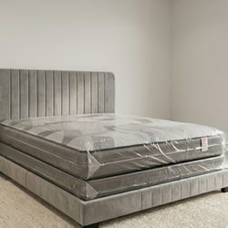 New Queen Size Velvet Bed Frame With MATTRESS And Box spring Set 3pcs // Gray BED With Mattress Cama Queen Nueva 
