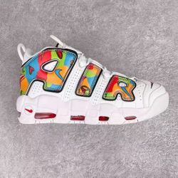 Nike Air More Uptempo Peace, Love, Swoosh Leather Colorful Graffiti Mid-top Retro Basketball Shoes Men's White