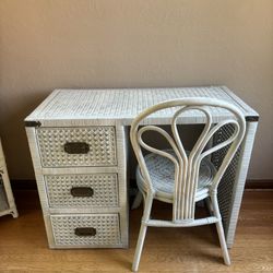 White wicker desk, and chair set