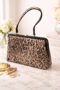 Authentic vintage Isabella Fiore frame clutch featuring a bold leopard print pony hair exterior and structured kiss-lock closure.