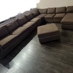 Large Brown Sectional & Chaise With Ottoman 