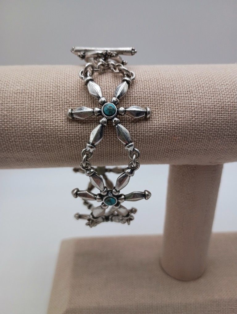 Lucky Brand Silver Tone Turquoise Flower Western Boho Bracelet