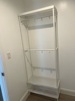 White Metal Clothing Rack with Shelves & Hanging Hooks