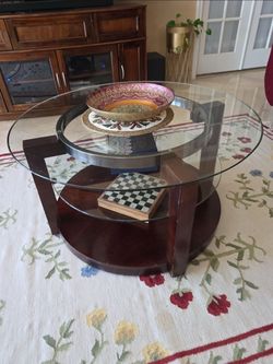 Round Glass Top Coffee Table with Wood Base