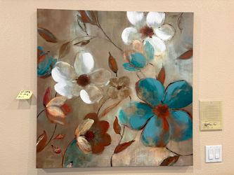 Oversized Turquoise, White & Rust Floral Canvas Wall Art
