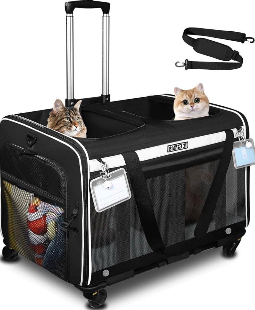 Petskd Large Rolling 2 Compartments Pet Carrier for 2 Cats or a Medium Dog, 24"X 17"X 15" Double Cat Carrier with Wheels and Locking Safety Zippers fo