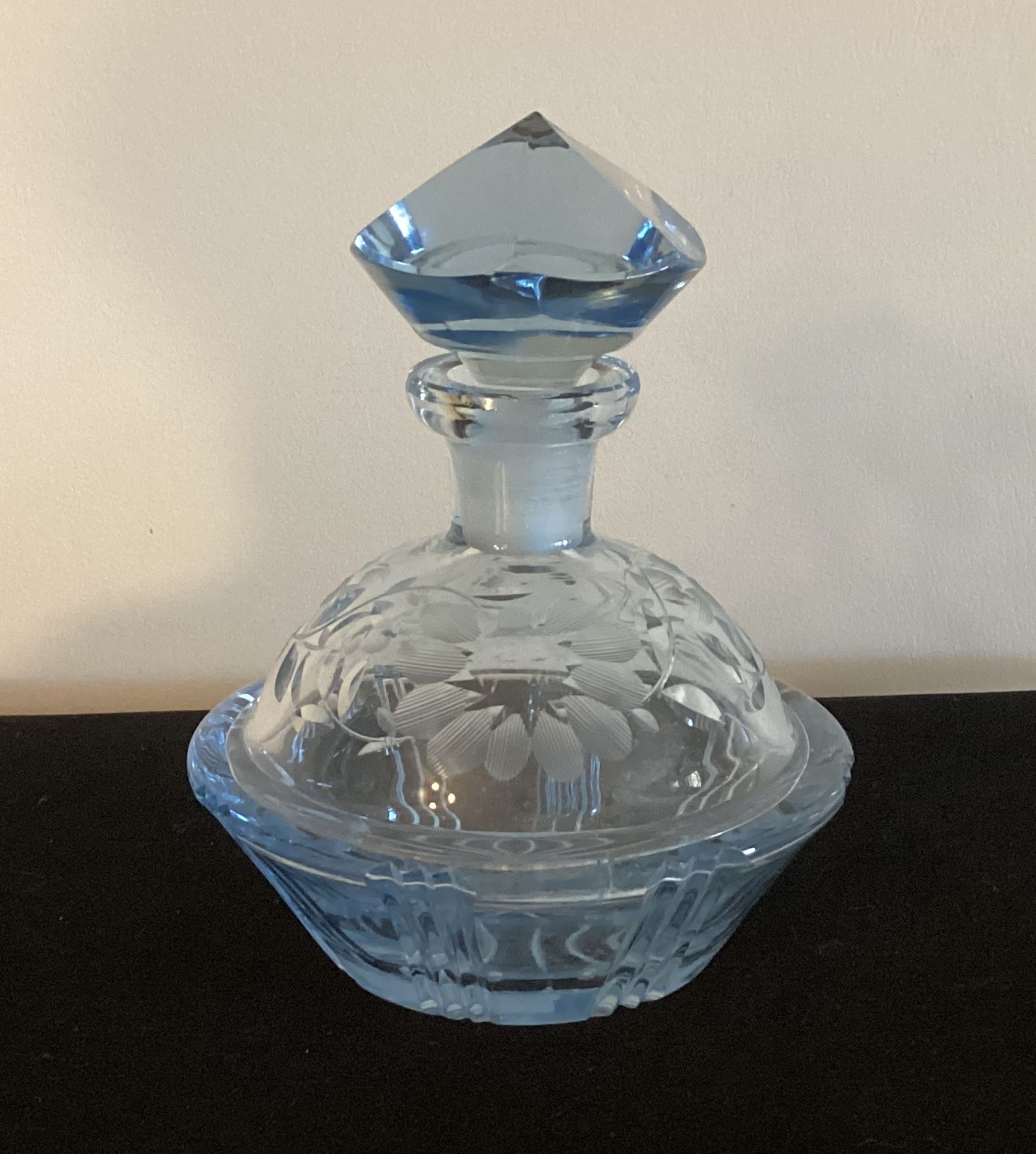 Perfume Bottle Light Blue Etched Glass W/ Large Crystal Stopper