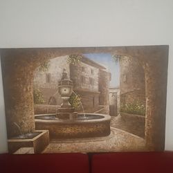 Large Canvas Painting Tuscan Courtyard Fountain