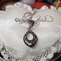 Solid 925 Sterling Silver Filigree Drop Necklace 18"